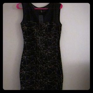 Black body con mini dress with gold pattern